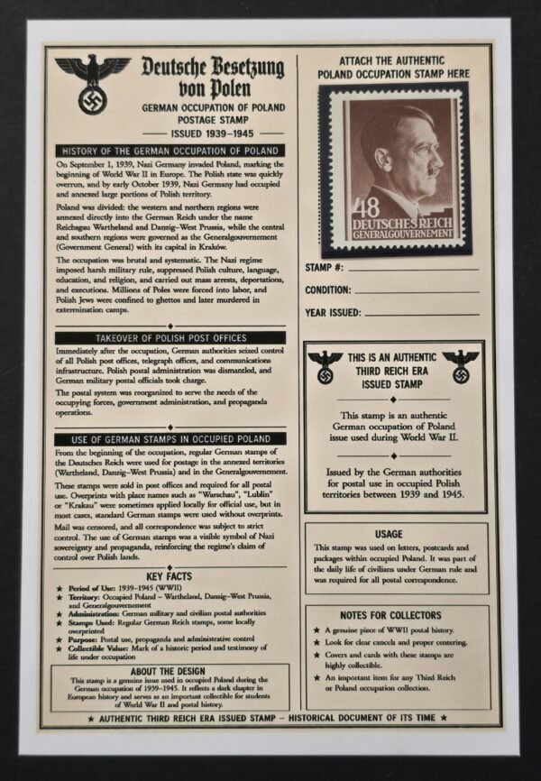 20260811_152133 WWII Nazi German Occupied Poland Generalgouvernement 48pf Adolf Hitler Stamp MNH w/ Display Card