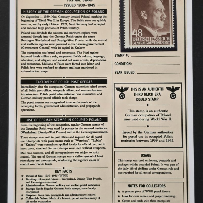20260811_152133 WWII Nazi German Occupied Poland Generalgouvernement 48pf Adolf Hitler Stamp MNH w/ Display Card