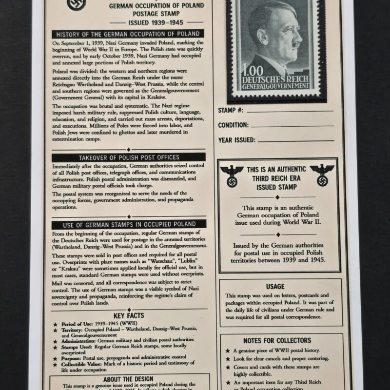 20260811_152150 WWII Nazi German Occupied Poland Generalgouvernement 1 Zloty Adolf Hitler Stamp MNH w/ Display Card