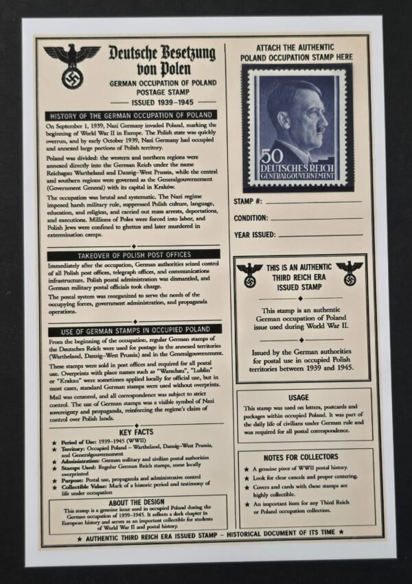 20260811_152240 WWII Nazi German Occupied Poland Generalgouvernement 50gr Adolf Hitler Stamp MNH w/ Display Card