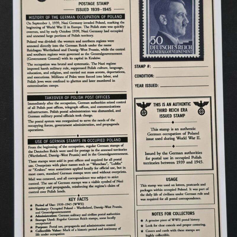 20260811_152240 WWII Nazi German Occupied Poland Generalgouvernement 50gr Adolf Hitler Stamp MNH w/ Display Card