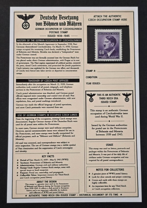 20260811_152344 WWII Nazi German Bohemia Moravia 60 Heller Adolf Hitler Stamp MNH Czech Occupation w/ Display Card