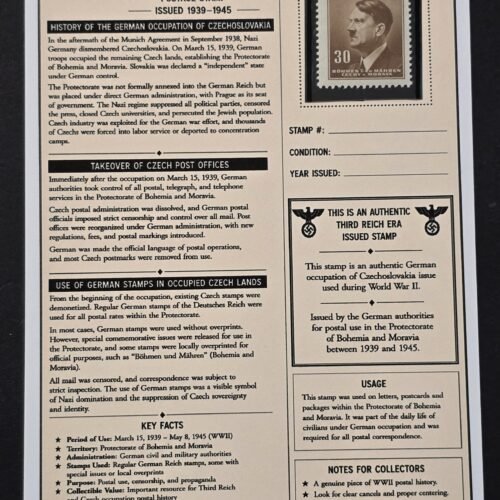 20260811_152352 WWII Nazi German Bohemia Moravia 30 Heller Adolf Hitler Stamp MNH Czech Occupation w/ Display Card
