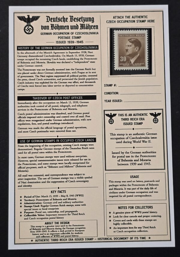 20260811_152352 WWII Nazi German Bohemia Moravia 30 Heller Adolf Hitler Stamp MNH Czech Occupation w/ Display Card