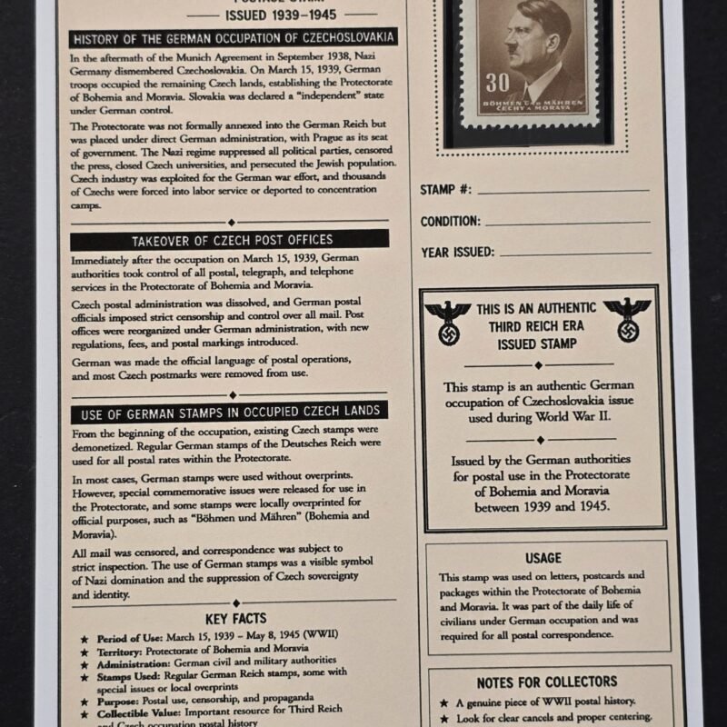 20260811_152352 WWII Nazi German Bohemia Moravia 30 Heller Adolf Hitler Stamp MNH Czech Occupation w/ Display Card
