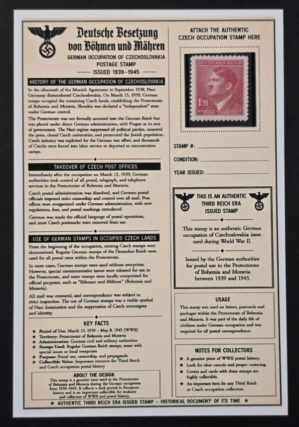 WWII German Bohemia Moravia 1.20 Hitler Stamp MNH Czech Occupation w/ Display Card