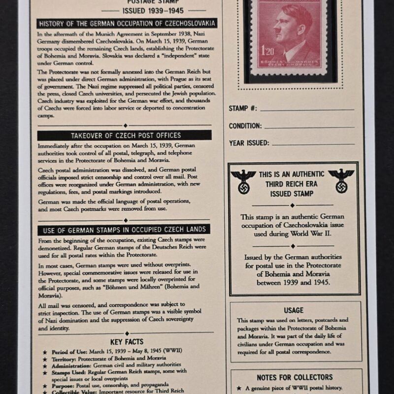 20260811_152400 WWII German Bohemia Moravia 1.20 Hitler Stamp MNH Czech Occupation w/ Display Card