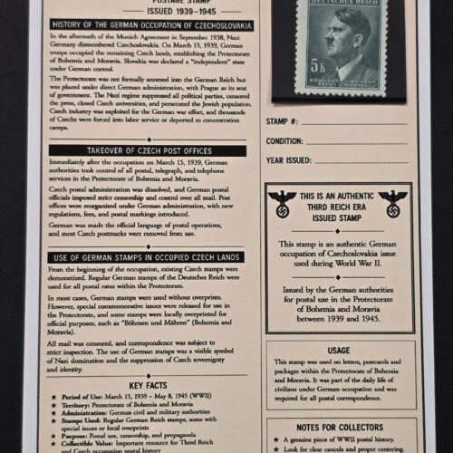 20260811_152408 WWII Nazi German Bohemia Moravia 5 Koruna Adolf Hitler Stamp MNH Czech Occupation w/ Display Card