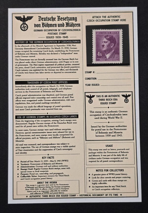 20260811_152415 WWII German Bohemia Moravia 4 Koruna Hitler Stamp MNH Czech Occupation w/ Display Card