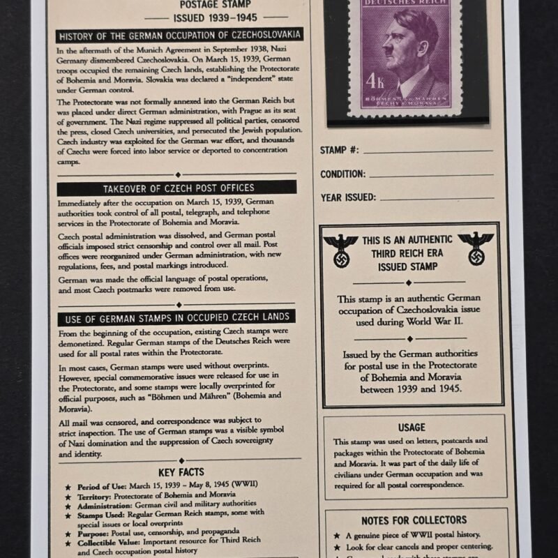 20260811_152415 WWII German Bohemia Moravia 4 Koruna Hitler Stamp MNH Czech Occupation w/ Display Card