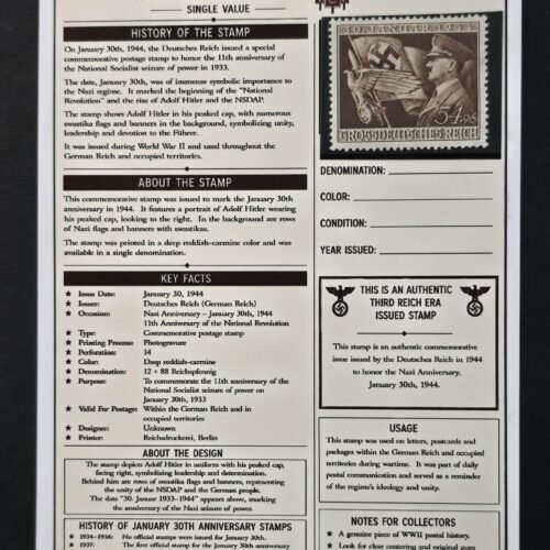 20260811_152656 Adolf Hitler 1944 WWII German Third Reich Nazi Rise to power Anniversary Stamp MNH w Display Card