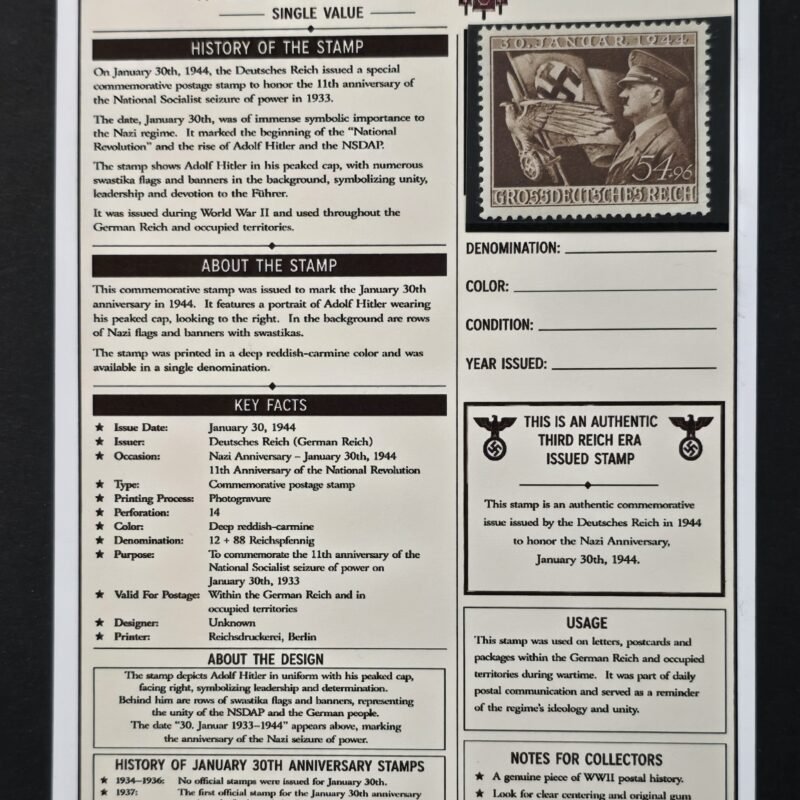 20260811_152656 Adolf Hitler 1944 WWII German Third Reich Nazi Rise to power Anniversary Stamp MNH w Display Card