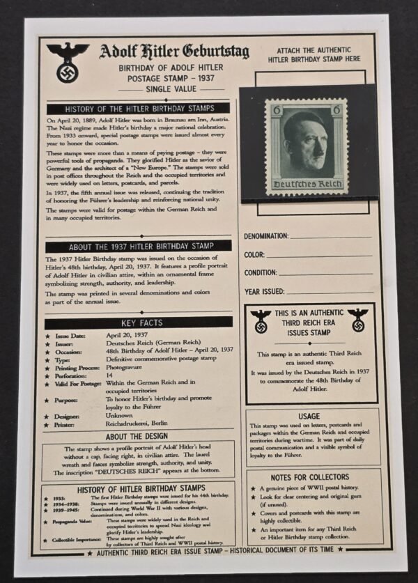 20260811_154503 1937 Nazi German Third Reich NSDAP Adolf Hitler 48th Birthday 6+19pf Stamp w History Card