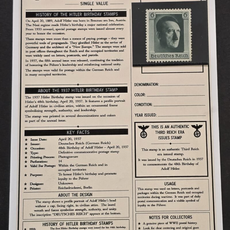 20260811_154503 1937 Nazi German Third Reich NSDAP Adolf Hitler 48th Birthday 6+19pf Stamp w History Card