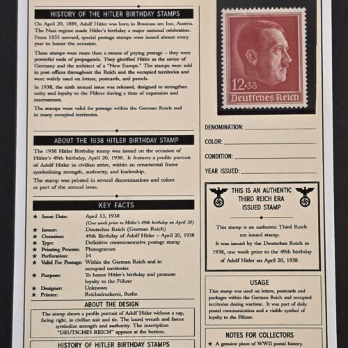 20260811_154513 1938 Nazi German Third Reich Adolf Hitler 49th Birthday 12+38pf Stamp w History Card