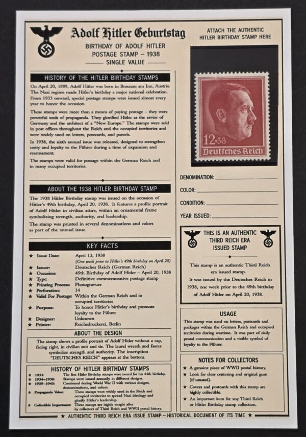 20260811_154513 1938 Nazi German Third Reich Adolf Hitler 49th Birthday 12+38pf Stamp w History Card