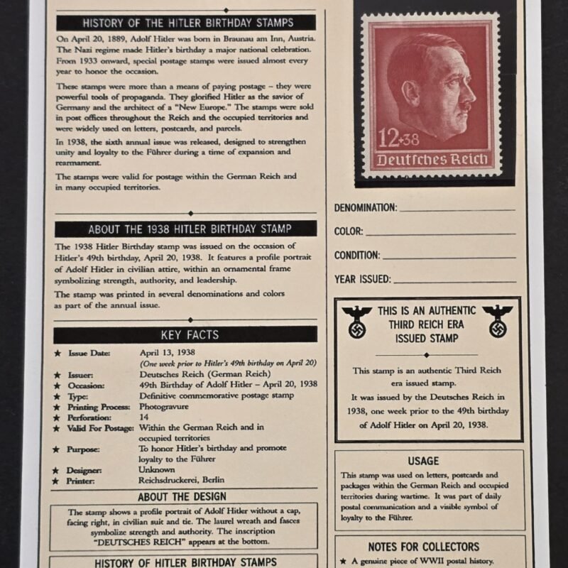 20260811_154513 1938 Nazi German Third Reich Adolf Hitler 49th Birthday 12+38pf Stamp w History Card