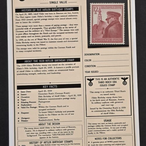 1939 Nazi German Third Reich Adolf Hitler 50th Birthday Stamp w Display History Card
