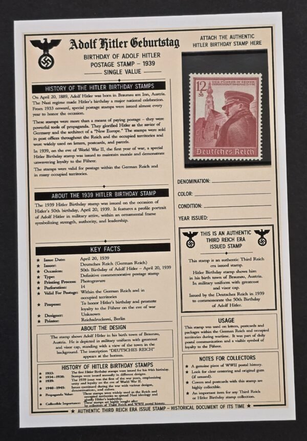 1939 Nazi German Third Reich Adolf Hitler 50th Birthday Stamp w Display History Card