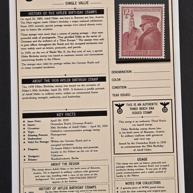 20260811_154523 1939 Nazi German Third Reich Adolf Hitler 50th Birthday Stamp w Display History Card