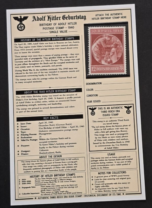 1940 WW2 Nazi German Adolf Hitler 51st Birthday Stamp w Display History Card