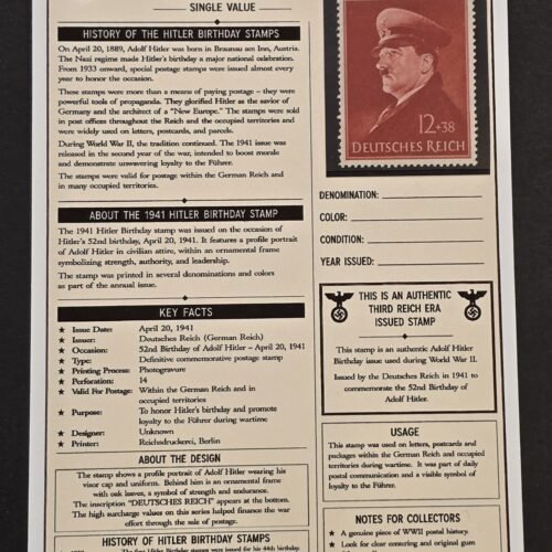 1941 Nazi German Adolf Hitler 52nd Birthday Stamp w History Display Card