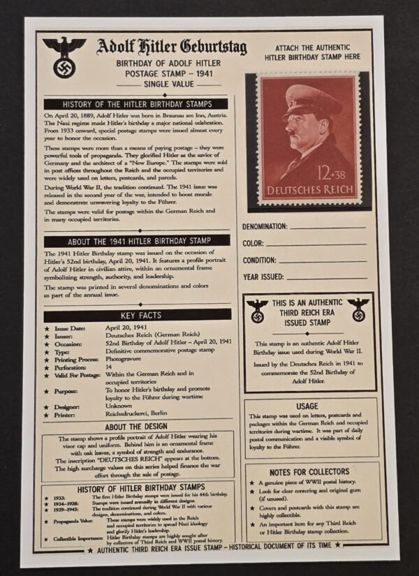 1941 Nazi German Adolf Hitler 52nd Birthday Stamp w History Display Card