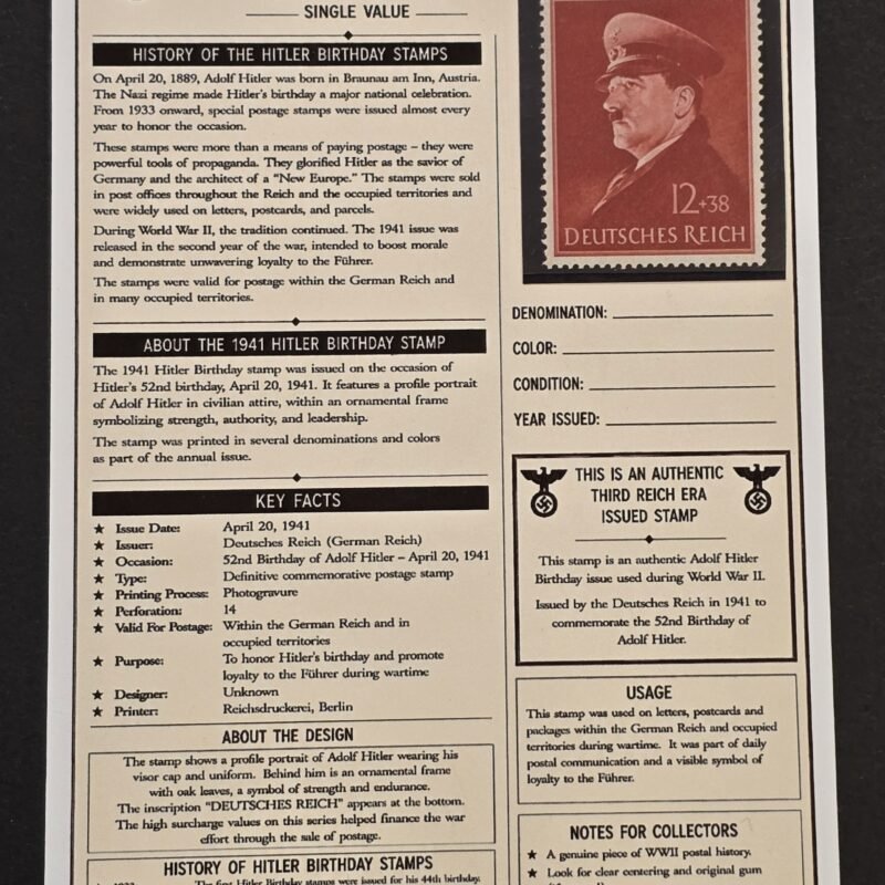 20260811_154604 1941 Nazi German Adolf Hitler 52nd Birthday Stamp w History Display Card