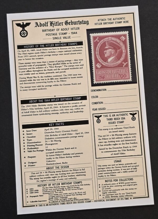 20260811_154630 1944 WW2 Nazi German Adolf Hitler 55th Birthday Stamp w/ Historical Collector Card