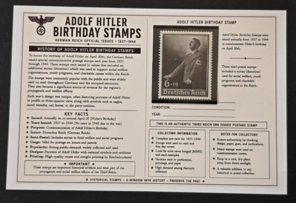 1939 German Reichsparteitag Adolf Hitler Birthday Stamp 6+19pf w/ Historical Collector Card