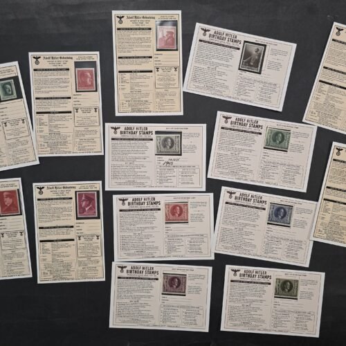 20260811_155210 Complete 1937-1944 Adolf Hitler Nazi Germany Birthday Stamp Collection 14 MNH Stamps w/ Historical Display Cards