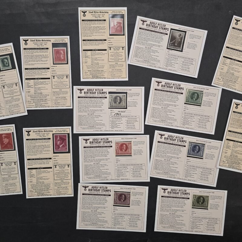 20260811_155210 Complete 1937-1944 Adolf Hitler Nazi Germany Birthday Stamp Collection 14 MNH Stamps w/ Historical Display Cards