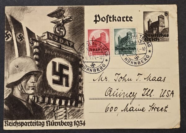 Original Nazi German 1934 Reichsparteitag Nürnberg Propaganda Postcard w Swastika Flags Banners Mailed to USA – 3 Stamps