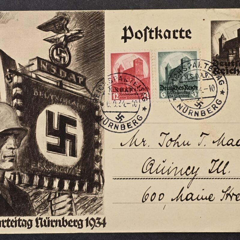 20260811_165919 Original Nazi German 1934 Reichsparteitag Nürnberg Propaganda Postcard w Swastika Flags Banners Mailed to USA – 3 Stamps