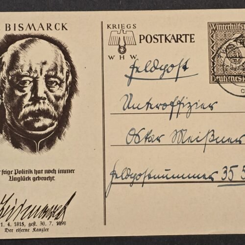 Original WW2 German 1939 WHW Otto von Bismarck Postcard Mailed Feldpost to Officer