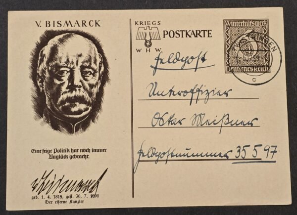 Original WW2 German 1939 WHW Otto von Bismarck Postcard Mailed Feldpost to Officer
