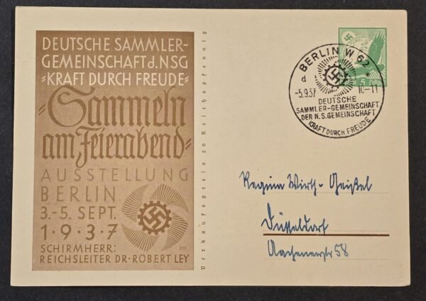 Original WW2 Nazi German 1937 KdF German Collectors Exhibition Berlin Special Cancel Third Reich Postcard