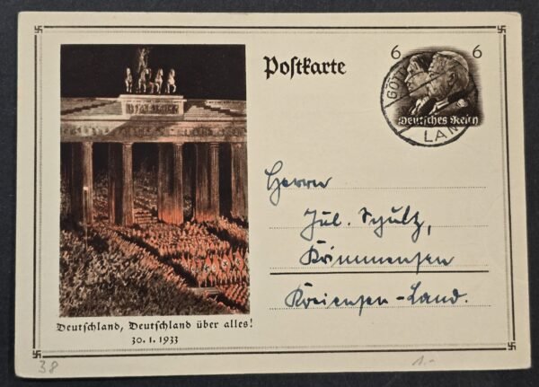 Original Nazi German 1934 Hitler Hindenburg 30 January 1933 Brandenburg Gate Postcard Deutschland Uber Alles!