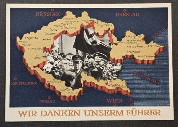 Original 1938 Nazi German Sudetenland Adolf Hitler Annexation Map Third Reich Propaganda Postcard