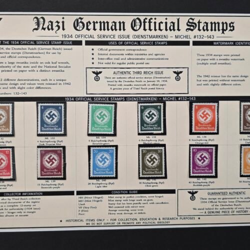 1934 Nazi German Official Swastika Stamp Set Michel 132-143 MNH w Display Board