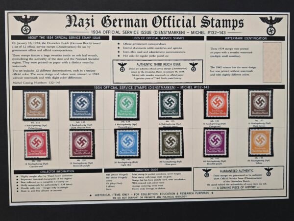 1934 Nazi German Official Swastika Stamp Set Michel 132-143 MNH w Display Board