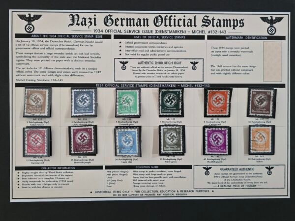 1934 Nazi German Official Swastika Stamp Set Michel 132-143 Used w Display Board