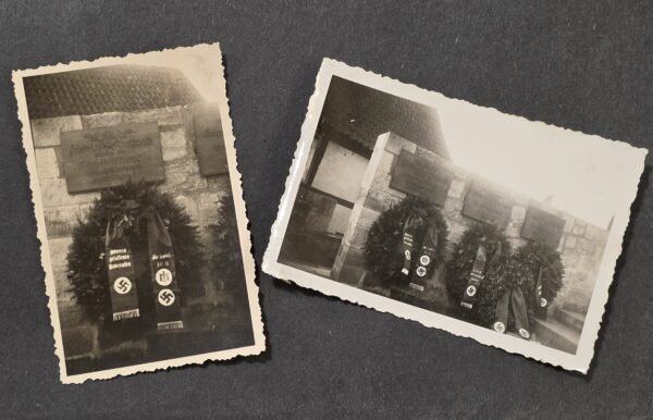 20260813_170328 WWII Nazi German Third Reich Fallen Soldiers 1940 Memorial Wreath Photos – Swastika Eagle Funeral Sashes– Lot of 2