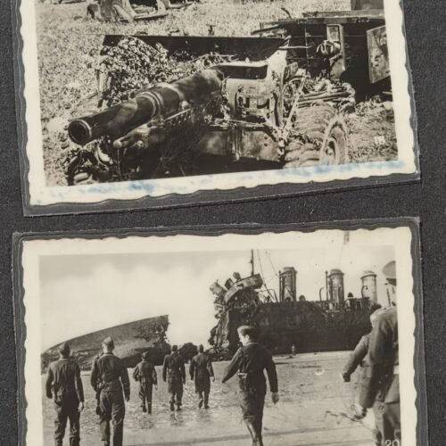 20260813_170921 WWII German Photos Dunkirk Destroyed Bombed British Shipwreck & 25-Pounder Gun France 1940