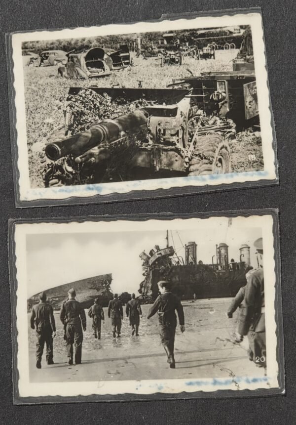 20260813_170921 WWII German Photos Dunkirk Destroyed Bombed British Shipwreck & 25-Pounder Gun France 1940