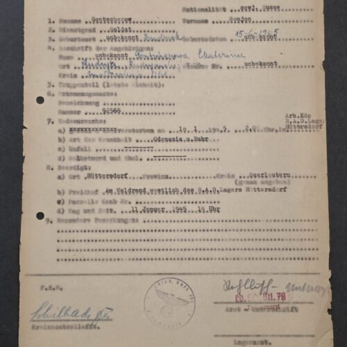 RARE! 1945 German Document Soviet Russian POW Semjon Gontscherow Soldiers Death & Burial Record RAD Lager Camp! Hüttersdorf