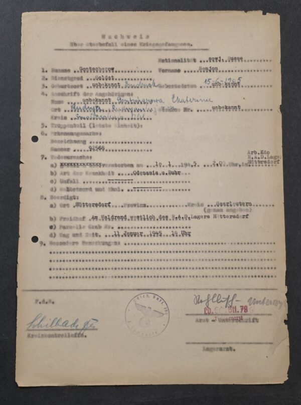 RARE! 1945 German Document Soviet Russian POW Semjon Gontscherow Soldiers Death & Burial Record RAD Lager Camp! Hüttersdorf