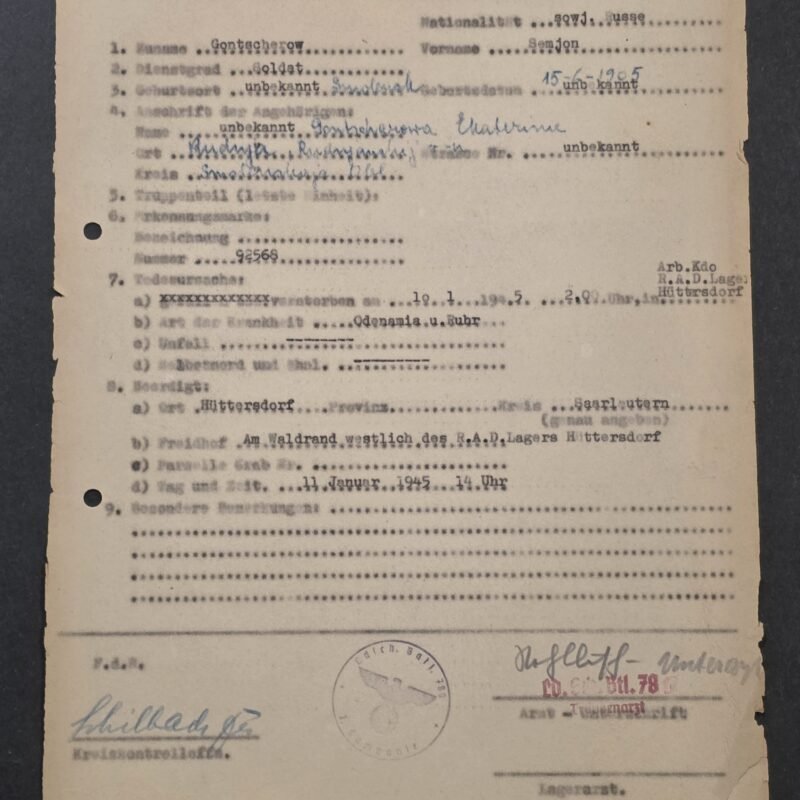 20260821_132304 RARE! 1945 German Document Soviet Russian POW Semjon Gontscherow Soldiers Death & Burial Record RAD Lager Camp! Hüttersdorf