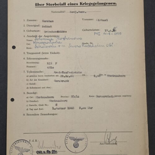 20260821_132430 RARE German Document WWII Russian Soviet POW Michael Korshan Death & Burial Record – Dec. 31 1944