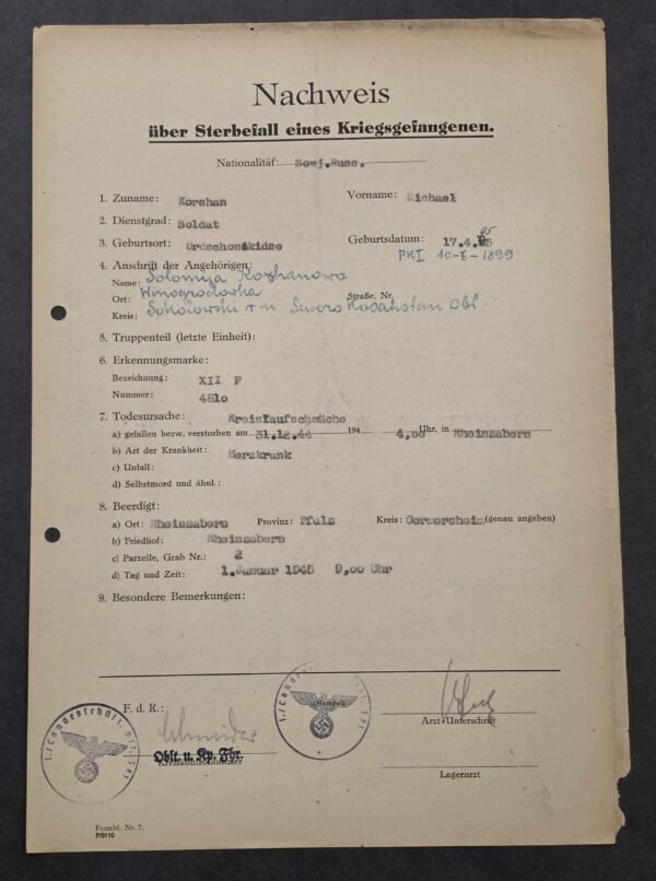 20260821_132430 RARE German Document WWII Russian Soviet POW Michael Korshan Death & Burial Record – Dec. 31 1944